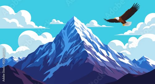 A majestic bald eagle soars gracefully across a bright blue sky dotted with crisp white clouds, flying high above a towering snow-capped mountain peak illustrated in a bold geometric vector art style
