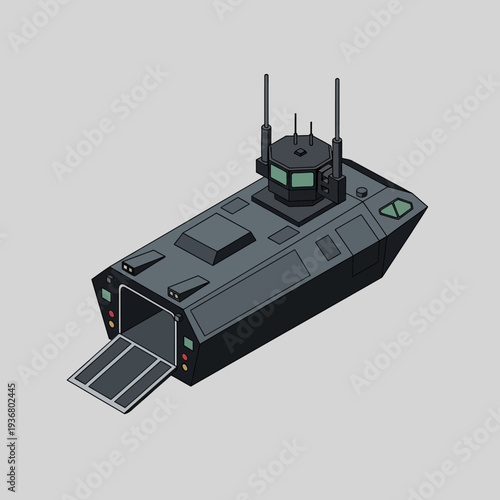 Military Naval Ship Illustration with Turret Antenna.