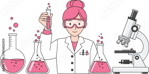 Female scientist conducting chemistry experiment vector illustration woman researcher in laboratory with test tubes flasks and microscope science concept