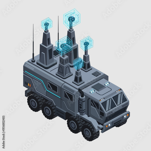 Futuristic Military Vehicle with Antennae and Sensors.