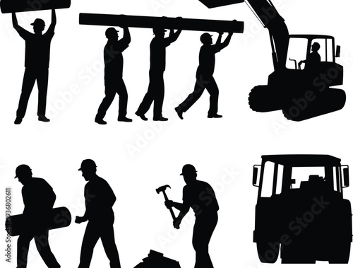 Construction worker silhouettes carrying beams and operating excavator and bulldozer, heavy machinery manual labor industrial concept vector illustration isolated on white