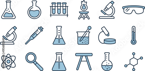 Science laboratory chemistry experiment icon set vector, microscope flask molecule research equipment symbols for education and scientific analysis