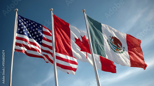 flags of usa canada and mexico waving together in blue sky