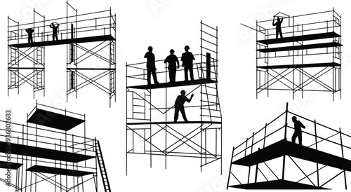 Construction worker silhouettes on scaffolding platforms, industrial building maintenance and engineering site activity vector illustration isolated on white background
