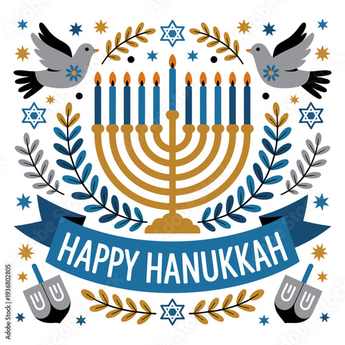 A vibrant Hanukkah illustration featuring a menorah and dreidels in a festive design