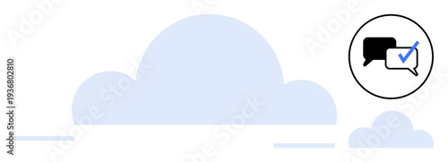 Blue cloud shapes and two chat bubbles with check mark symbol emphasizing secure messaging and data storage. Ideal for security, communication, technology, cloud computing, messaging, encryption