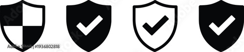 Security shield check icon set vector, protection verification safety guard symbol for cybersecurity data privacy web interface design