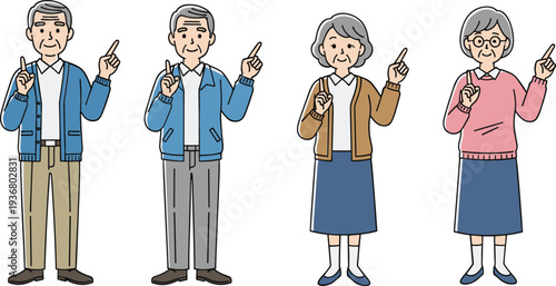 Senior men and women raising index finger vector illustration elderly people giving advice pointing gesture concept