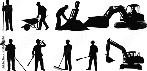 Construction workers and excavator silhouettes collection, industrial labor team with wheelbarrow, shovel and heavy machinery vector illustration isolated on white