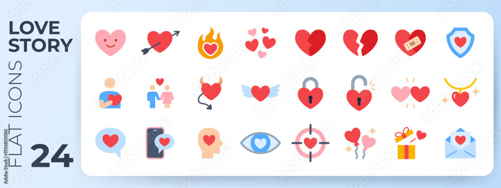 Naklejka premium Love story flat icons. Romantic symbols including Cupid arrow, broken heart, bandage, shield, devil, angel wings, couple, target, gift, and empathy, divorce for Valentine day design.