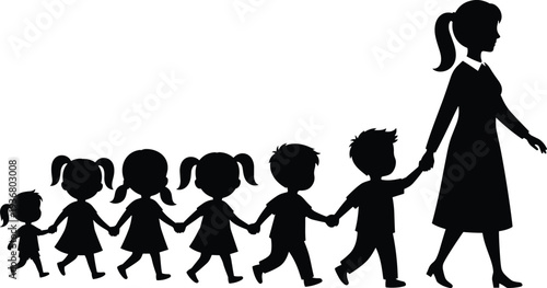 Teacher walking with group of small children in a line holding hands silhouette isolated on white background for school concept