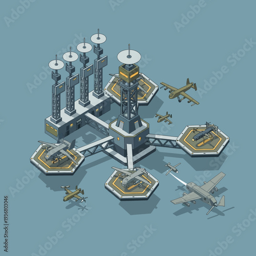 Futuristic Airport Terminal with Aircraft and Towers.