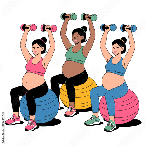 Pregnant women exercising with dumbbells on fitness balls illustration