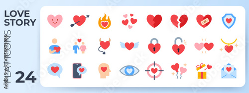 Love story flat icons. Romantic symbols including Cupid arrow, broken heart, bandage, shield, devil, angel wings, couple, target, gift, and empathy, divorce for Valentine day design.