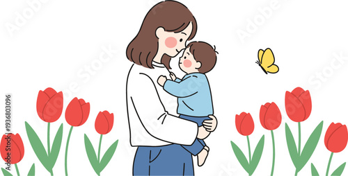 Mother holding child with tulip flowers and butterfly family love parenting care spring nature illustration warm parent child relationship concept