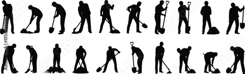 Manual labor worker silhouettes with shovel tools, construction and landscaping digging poses collection, industrial workforce vector illustration isolated on white background