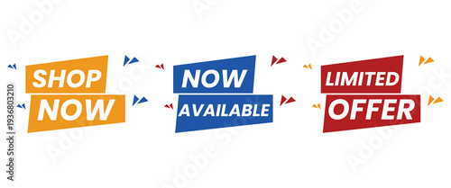 Promotional shopping labels with shop now and limited offer text, retail marketing banners for web