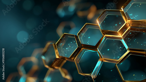 Abstract Glass Hexagon Network Futuristic Technology Background ultra realistic 3D abstract background composed of layered hexagonal glass panels forming a futuristic honeycomb str