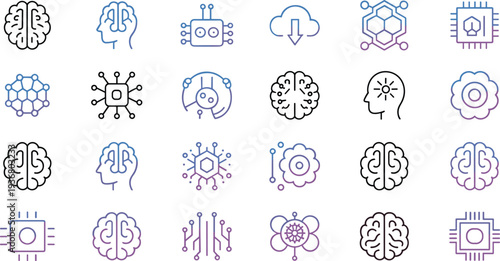 Artificial intelligence brain and neural network icon set vector, AI chip machine learning technology symbols for digital innovation