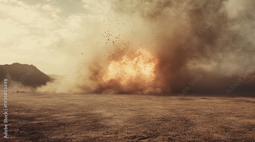 Fototapeta premium Massive explosion in a dusty desert landscape. A fiery vortex erupts, sending debris and dust into the air
