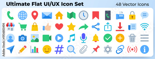 Social media flat UI UX vector icons for website and mobile application design. Essential interface symbols including home, mail, settings, search, cart, user, heart, camera, map for sns communication