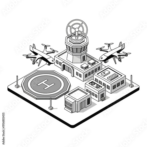 Isometric Illustration of Airport Terminal and Helipad.