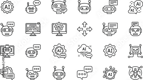 Artificial intelligence chatbot and robot assistant line icon set vector, AI communication automation technology symbols for smart digital interaction