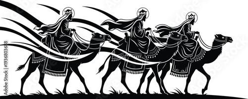 Three Wise Men Silhouette, Three Kings Riding Camels, Christian Nativity Scene, Epiphany Celebration, Christmas Star Journey, Biblical Magi, Religious Vector Art