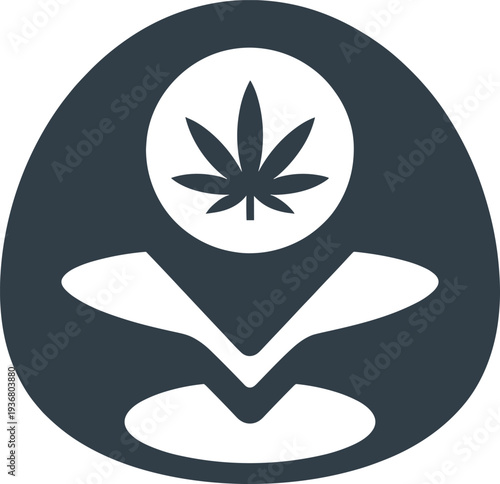 Cannabis dispensary map marker icon with marijuana leaf inside a stylized oval pin symbol isolated on white background for medical weed shop location