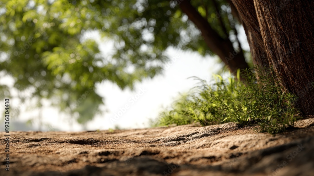 Fototapeta premium Enchanting forest floor scene with diffused sunlight and ancient trees