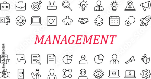 Business management line icon set vector, leadership strategy planning analytics teamwork finance marketing productivity symbols for web mobile app design