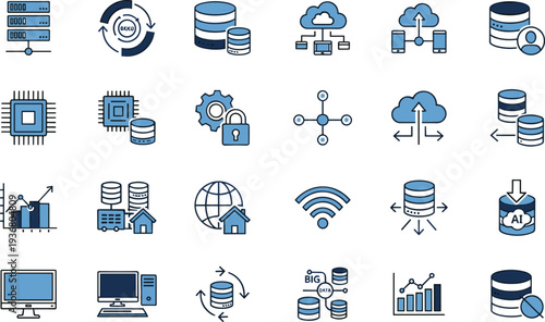 Cloud computing and database technology icon set vector, data storage server network analytics symbols for big data infrastructure