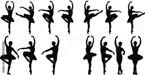 Collection of elegant ballet dancer silhouettes featuring male and female performers in various classical dance poses isolated on a white background for artistic design.