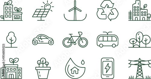 Eco sustainable city line icons vector illustration, renewable energy transport recycling smart city environmental technology outline icon set