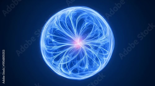 Intricate Glowing Blue Sphere with Radial Patterns and a Central Pink Spark