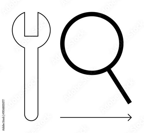 Wrench, magnifying glass, and arrow suggest problem-solving, analysis, and forward motion. Ideal for innovation, strategy, search growth productivity troubleshooting progress. Simple flat