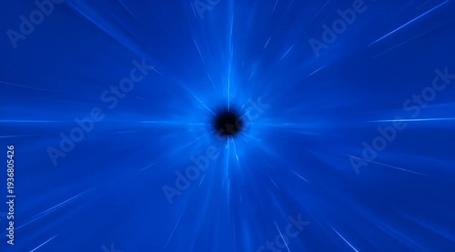 Abstract blue light streaks radiating from a central black hole point