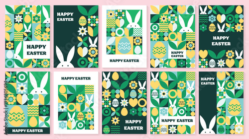 Set of geometric Easter greeting card. Abstract background with bunny, egg and flower. Vector illustration