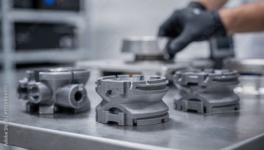 Naklejka premium Medium shot focusing on the assembly of additively manufactured adapters made from durable polymers illustrating advanced customization in industrial processes.