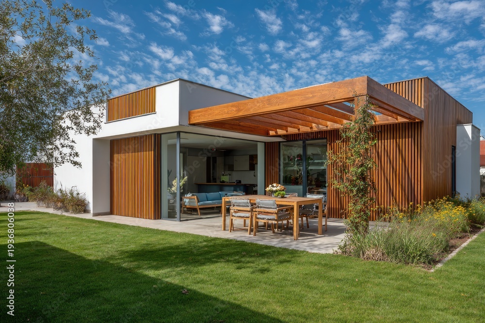 Obraz premium Modern home with wood accents and outdoor dining area on a sunny day