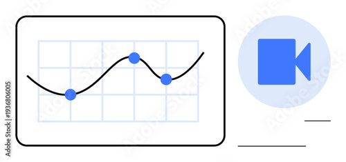 Data analysis, business reports, virtual meetings, tech presentations, analytics and online learning. A graph with data points and a video icon. Data analysis and business reports concept
