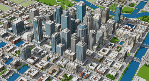 Aerial View of Modern City Skyline with Tall Skyscrapers.