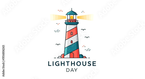 Colorful Lighthouse Illustration with Birds Flying Around.