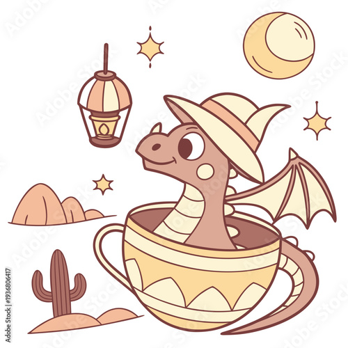 Excited expression on a Dragon in a Desert sunset theme, with in a teacup – Sundown Glow vector art