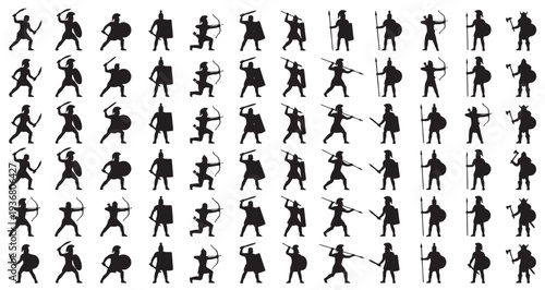Ancient Warriors Silhouette Set Pack. Editable Vector Illustration. featuring vector, silhouette, warrior, ancient, soldier, military, battle, weapon, illustration,  bow, arrow, shield, axe more.