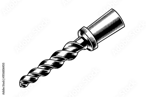 Drill bit illustration in vintage engraving black and white line art
