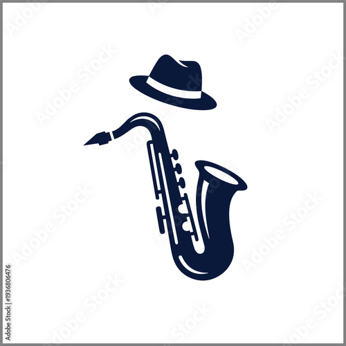 Creative jazz music logo featuring a dark blue saxophone silhouette with a classic fedora hat isolated on white for blues concerts festivals and branding.