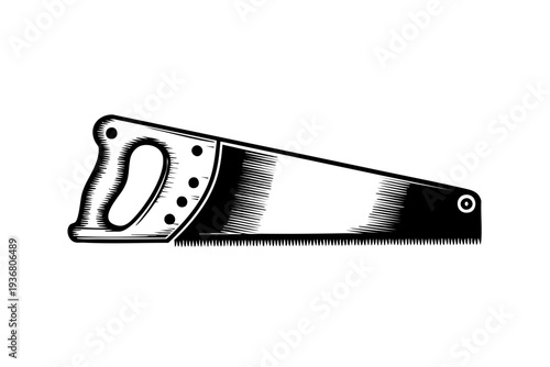 Hand saw illustration in vintage engraving black and white drawing