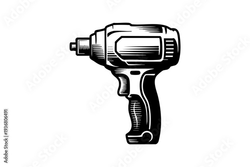 Impact driver illustration in vintage engraving black and white drawing