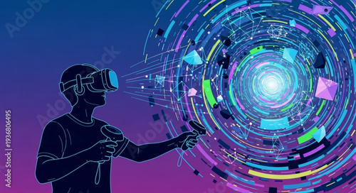 Person Using Virtual Reality Headset Interacting with Digital Environment.